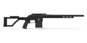 Black precision rifle with suppressor and tactical accessories, ideal for outdoor hunting and shooting sports.