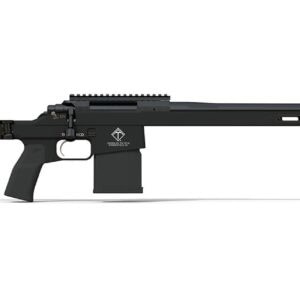 Black precision rifle with suppressor and tactical accessories, ideal for outdoor hunting and shooting sports.