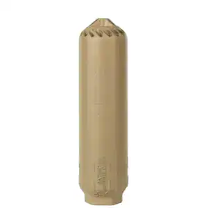 Silencer suppressor for firearms, tan color, compact and lightweight design, ideal for outdoor shooting and hunting.