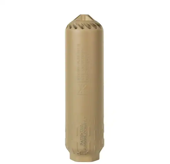 Silencer suppressor for firearms, tan color, compact and lightweight design, ideal for outdoor shooting and hunting.
