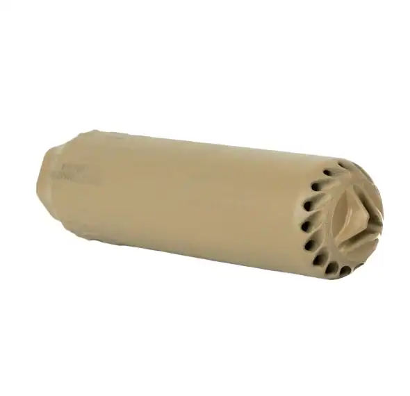 Silencer for a paintball gun, durable beige plastic, outdoor adventure gear for competitive paintball matches.