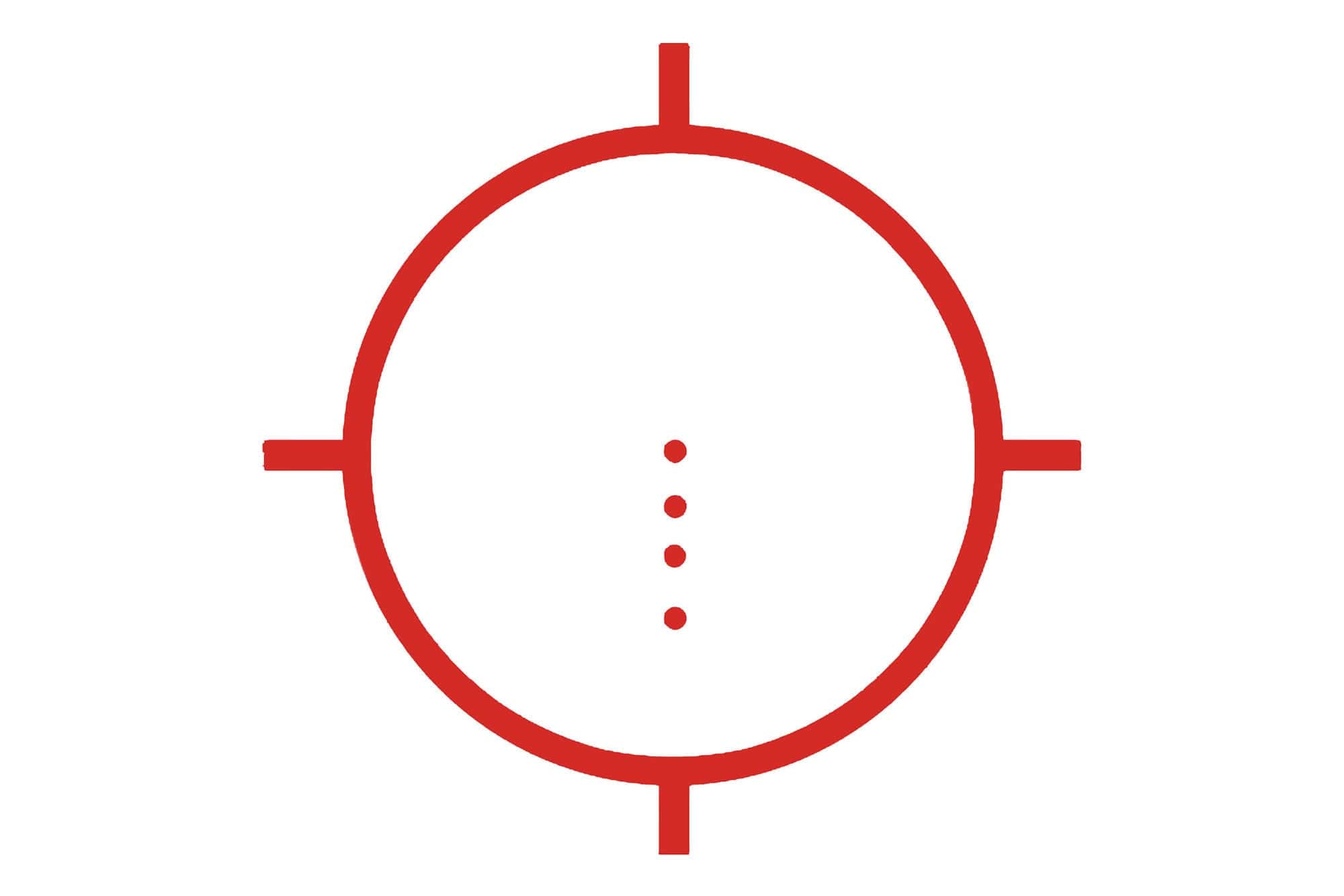 Red crosshair target scope symbol for outdoor adventure gear and tactical equipment, suitable for camping, hiking, and hunting gear shopping, emphasizing precision and outdoor sports accessories.