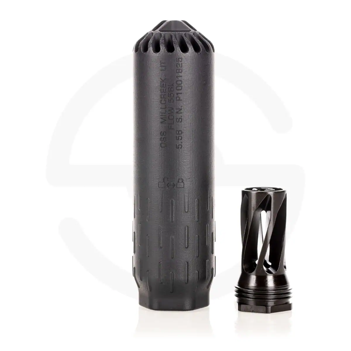 Black tactical suppressor with a matching flash hider for outdoor shooting and hunting – ideal for enhancing firearm performance.