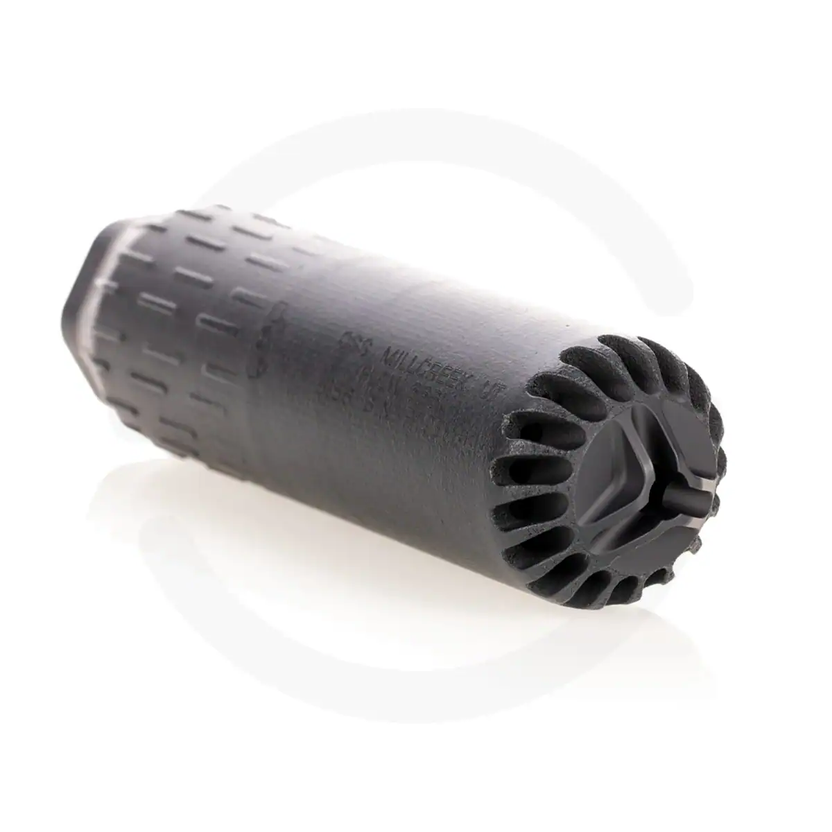 High-performance firearm suppressor, durable black finish for outdoor use, lightweight design, optimized for tactical shooting, compatible with various rifles and handguns, ideal for hunting and shooting sports.