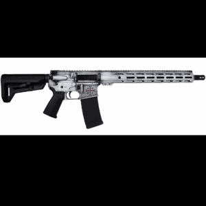 Black and silver tactical rifle with adjustable stock and long barrel for outdoor and hunting adventures.