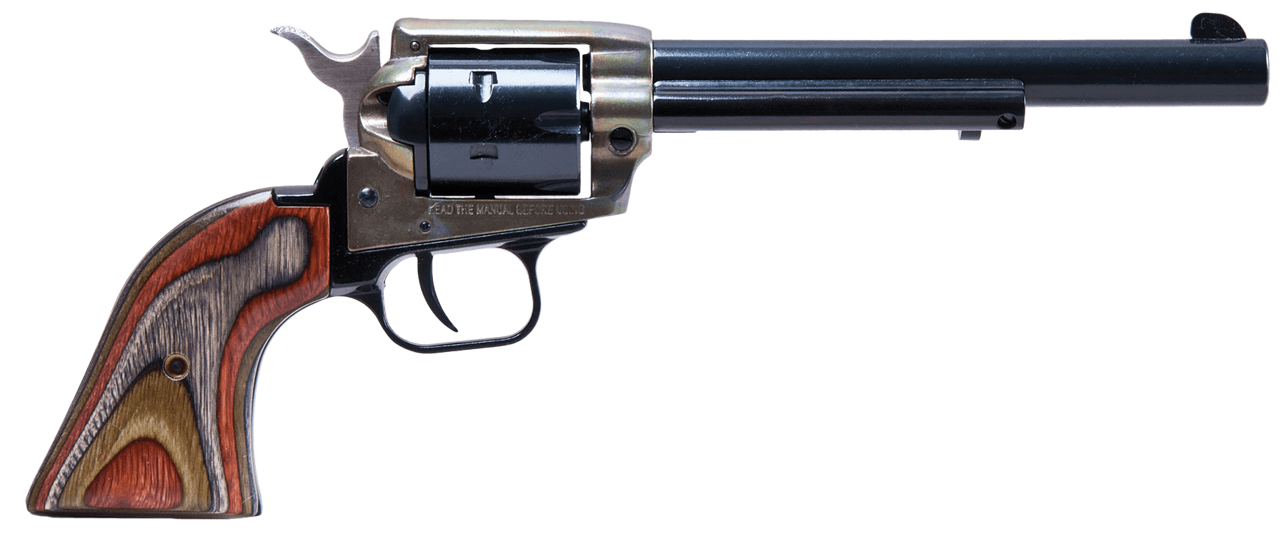 Heritage Mfg Rough Rider 22 LR/22 WMR 6 Shot, 6.50" Black Steel Barrel & Cylinder, Simulated Case Hardened Zinc Alloy Frame, Camo Laminate Grip, Hammer/Thumb Safety, Exposed Hammer