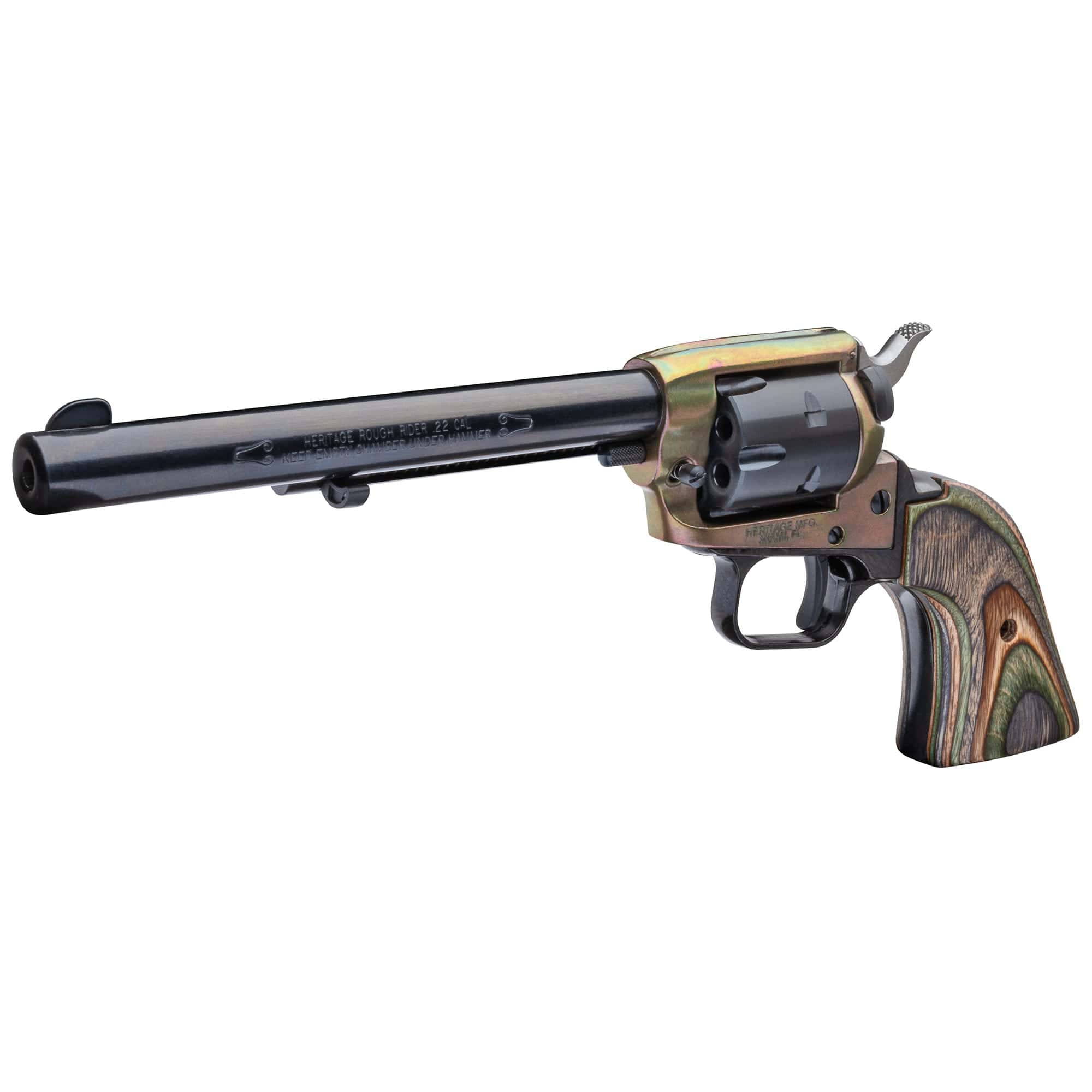 Heritage Mfg Rough Rider 22 LR/22 WMR 6 Shot, 6.50" Black Steel Barrel & Cylinder, Simulated Case Hardened Zinc Alloy Frame, Camo Laminate Grip, Hammer/Thumb Safety, Exposed Hammer - Image 4
